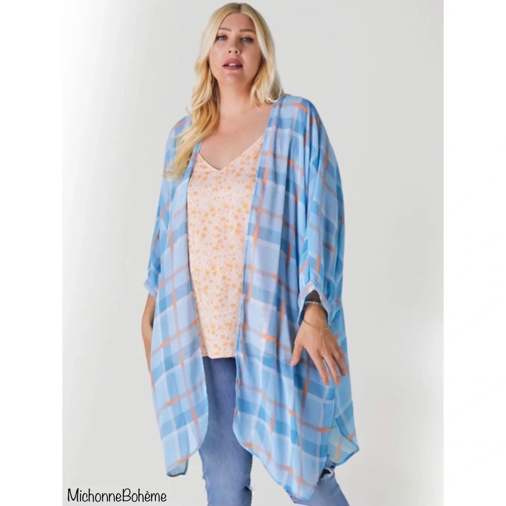Davi & Dani Light Blue & Orange Plaid Print Kimono Cardigan - Picture 10 of 11